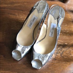 Jimmy Choi high heels open toe silver leather EUC